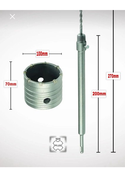 100MM Beton Duvar Delme Panç + Sds-Plus (200MM) Uzun Adaptörlü