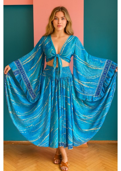 Ipek Yaldızlı Palazzo Pantolon & Bağlamalı Üst Takım – Bohem Şık Tasarım