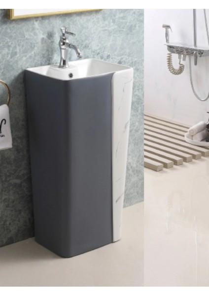 Mono Blok Ayaklı Kolon Köşeli Seramik Lavabo
