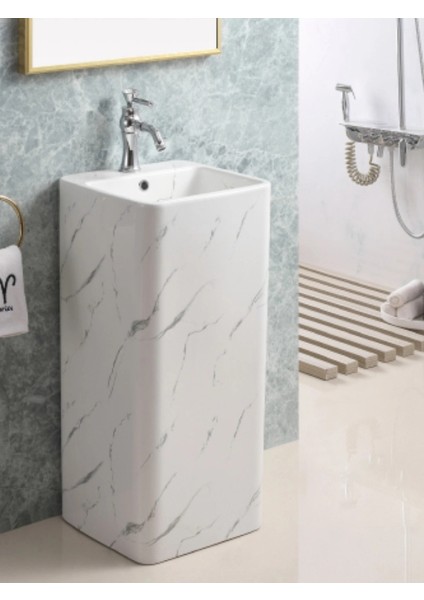 Mono Blok Ayaklı Kolon Köşeli Seramik Lavabo