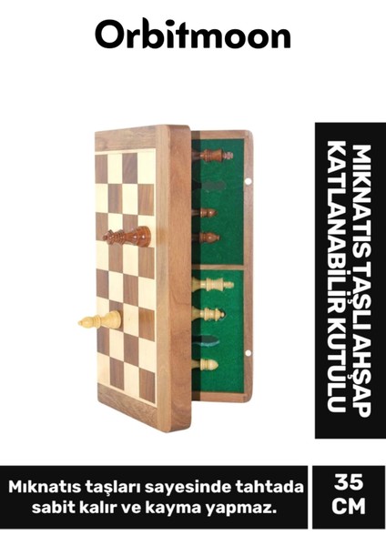 Premium Seri Ahşap Dekoratif Strateji Zeka Mıknatıs Taşlı Katlanabilir Kutulu Satranç Oyunu 35 cm