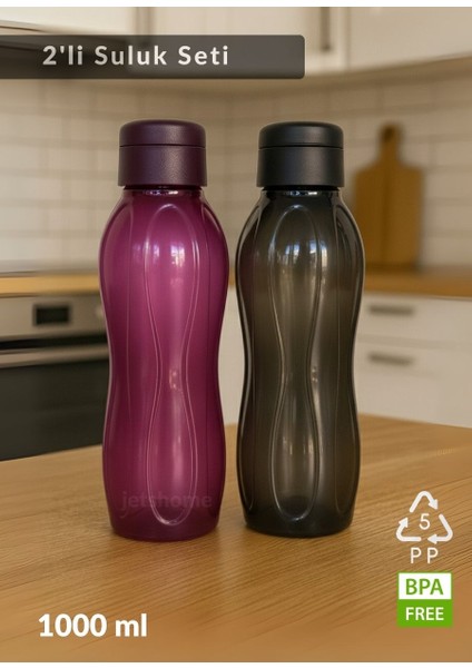 2’li Pp-5 Su Şişesi Seti – 1000 ml Sızdırmaz Matara, Bpa Free, Ev-Iş-Spor Için Siyah-Mürdüm