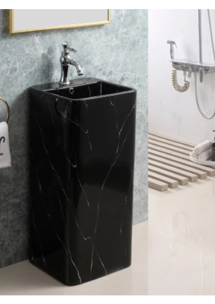 Mono Blok Ayaklı Kolon Köşeli Seramik Lavabo