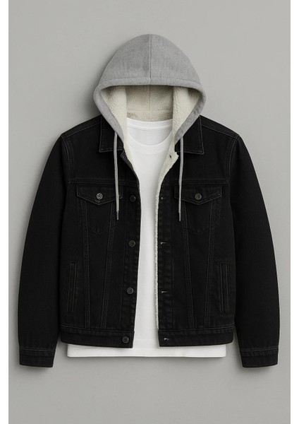 Erkek Kürklü Oversize Siyah Kapşonlu Kot Mont fiyatları