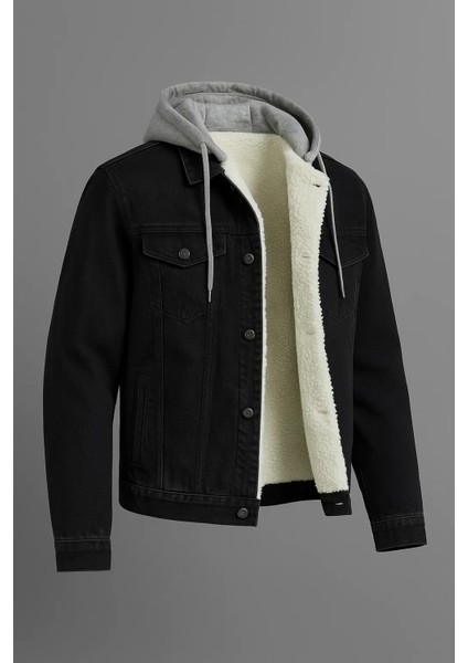 Erkek Kürklü Oversize Siyah Kapşonlu Kot Mont fırsatları