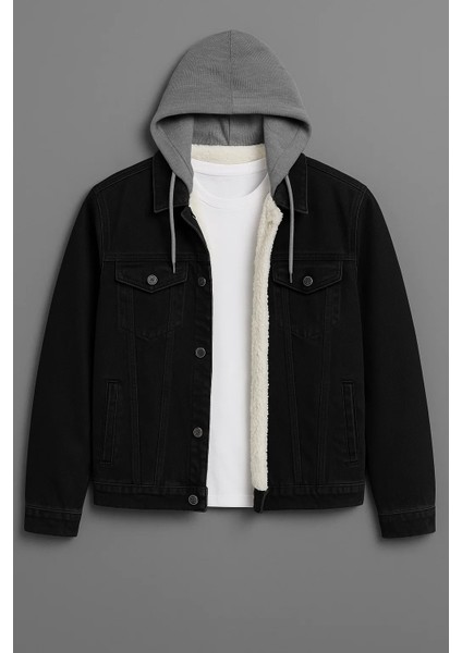 Erkek Kürklü Oversize Siyah Kapşonlu Kot Mont