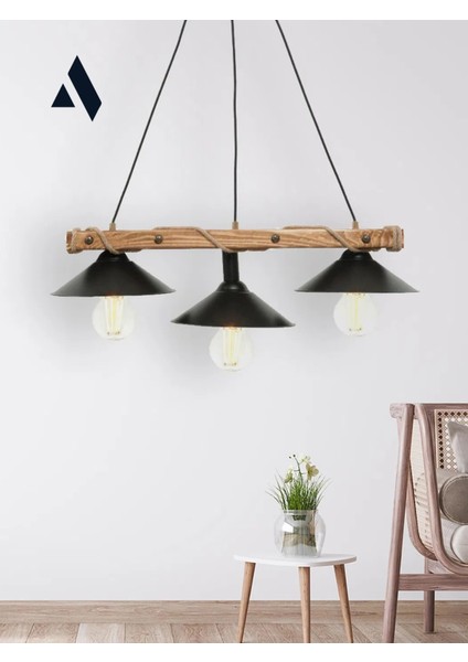 Corten 3’lü Ahşap Sarkıt Avize – Siyah Metal Başlık, Halat Detaylı, Endüstriyel Tasarım