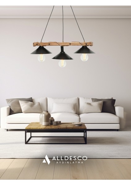 Corten 3’lü Ahşap Sarkıt Avize – Siyah Metal Başlık, Halat Detaylı, Endüstriyel Tasarım fiyatları