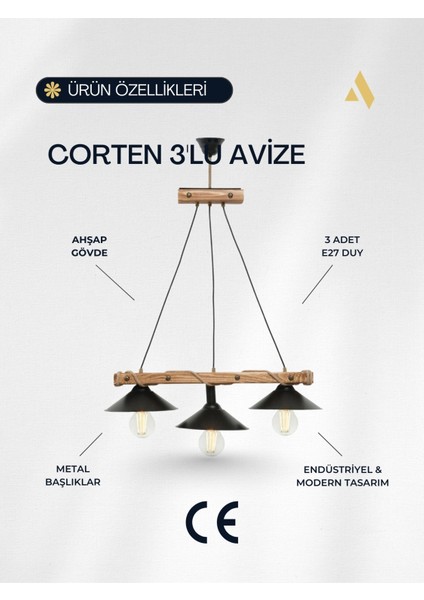 Corten 3’lü Ahşap Sarkıt Avize – Siyah Metal Başlık, Halat Detaylı, Endüstriyel Tasarım modelleri