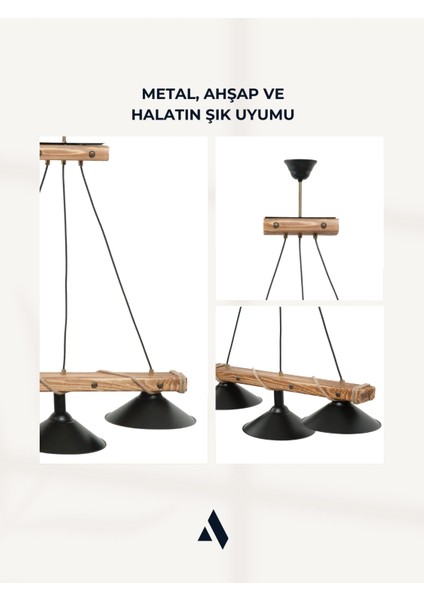 Corten 3’lü Ahşap Sarkıt Avize – Siyah Metal Başlık, Halat Detaylı, Endüstriyel Tasarım fırsatları