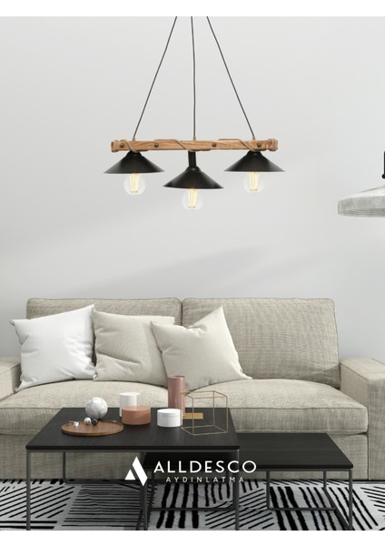 Corten 3’lü Ahşap Sarkıt Avize – Siyah Metal Başlık, Halat Detaylı, Endüstriyel Tasarım indirimleri