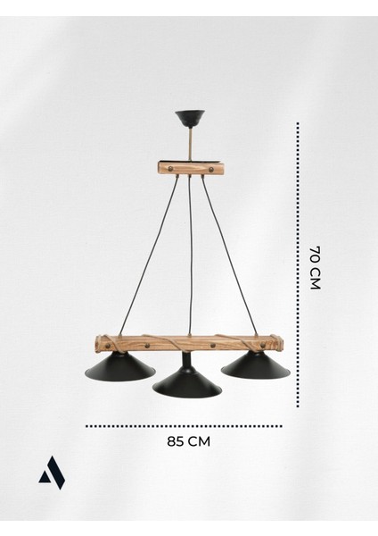 Corten 3’lü Ahşap Sarkıt Avize – Siyah Metal Başlık, Halat Detaylı, Endüstriyel Tasarım