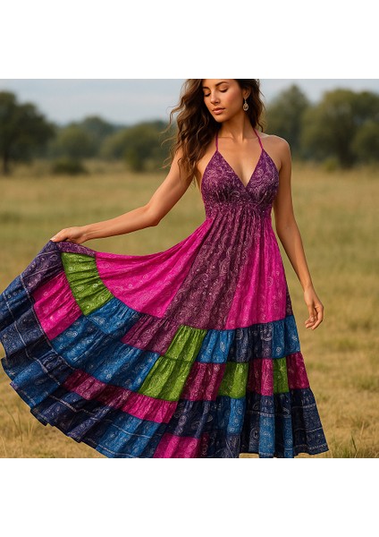 Ipek Kumaş Etnik Maxi Elbise (Sırt Dekolteli)