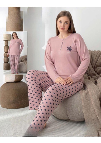 Kadın Pamuk'lu Düğme Yaka Raporlu Interlok Kışlık Battal Pijama Takımı 05152 - 1 Adet