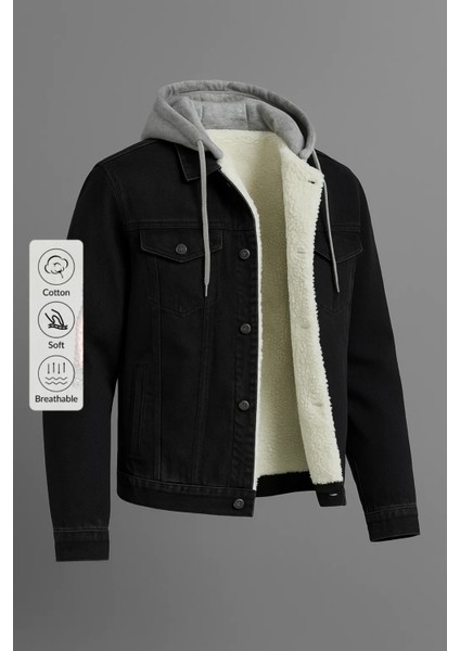 Erkek Kürklü Oversize Siyah Kapşonlu Kot Mont