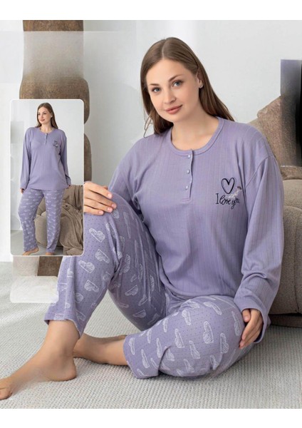 Kadın Pamuk'lu Düğme Yaka Raporlu Interlok Kışlık Battal Pijama Takımı 05150 - 1 Adet