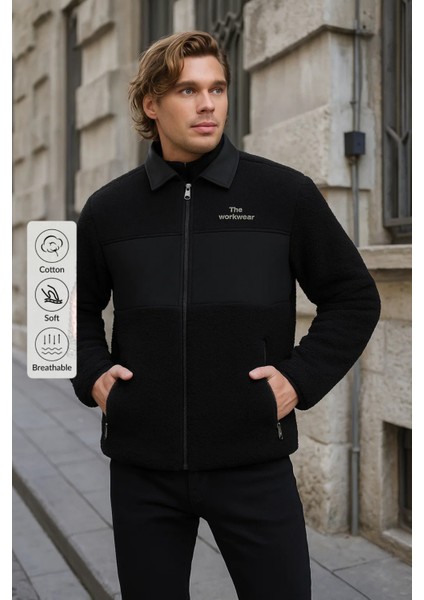 Erkek Kürklü Kışlık Siyah Salaş Peluş Ceket