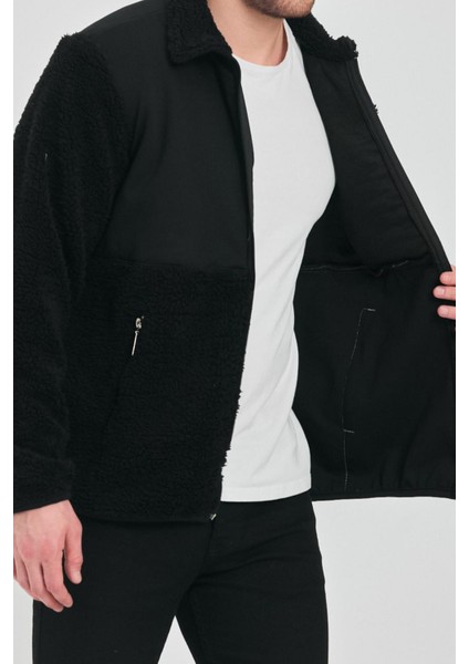 Erkek Kürklü Kışlık Siyah Salaş Peluş Ceket