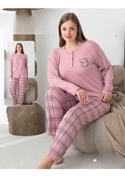 Kadın Pamuk'lu Düğme Yaka Raporlu Interlok Kışlık Battal Pijama Takımı 05148 - 1 Adet