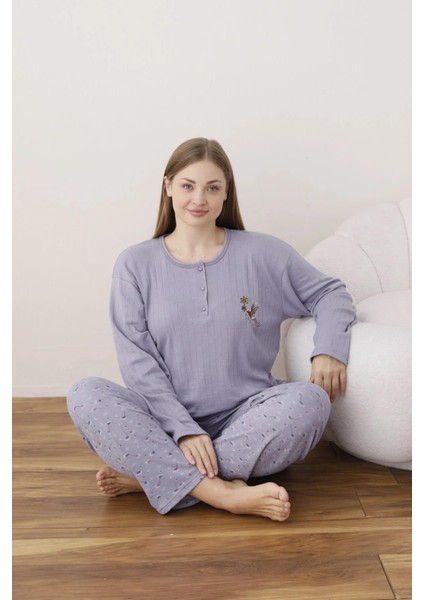 Kadın Pamuk'lu Düğme Yaka Raporlu Interlok Kışlık Battal Pijama Takımı 05113 - 1 Adet