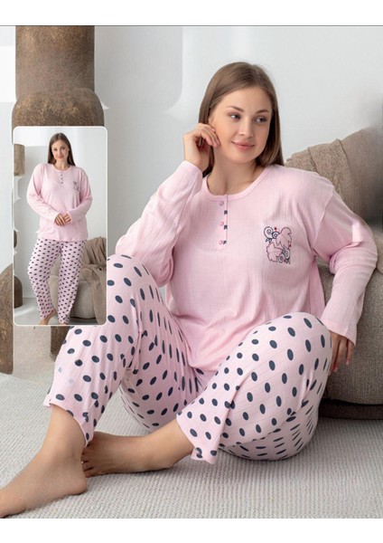 Kadın Pamuk'lu Düğme Yaka Raporlu Interlok Kışlık Battal Pijama Takımı 05151 - 1 Adet