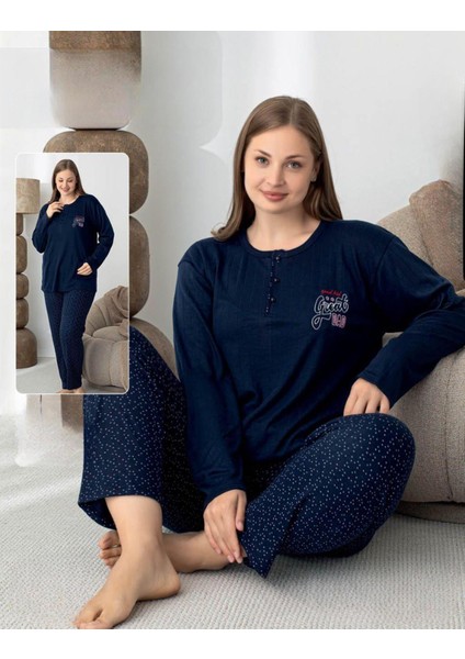 Kadın Pamuk'lu Düğme Yaka Raporlu Interlok Kışlık Battal Pijama Takımı 05147 - 1 Adet