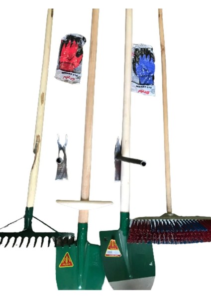 6'lı Set Saplı Bel Küreği Saplı Kürek Saplı Tırmık ve Saplı Fırça 2 Adet Saplı Çapa ve Eldiven