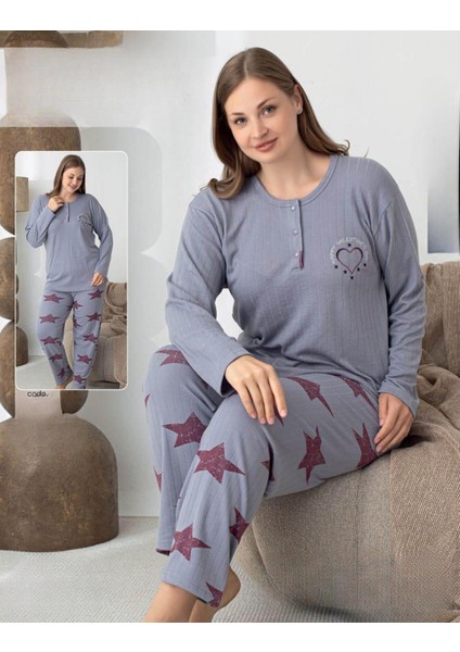 Kadın Pamuk'lu Düğme Yaka Raporlu Interlok Kışlık Battal Pijama Takımı 05144 - 1 Adet