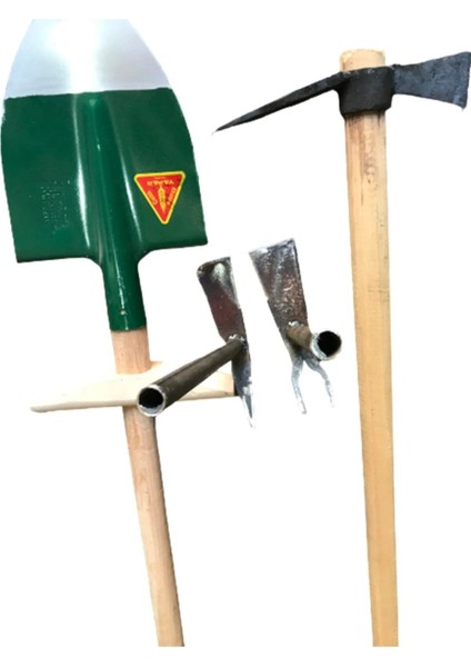 4'li Set Saplı Bahçe Kazması El Yapımı ve Saplı Bel Küreği Çelik ve Çapa