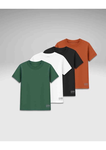 4 Renk Basic Tişört Seti Unisex - Siyah Beyaz Yeşil Kiremit - %100 Pamuk