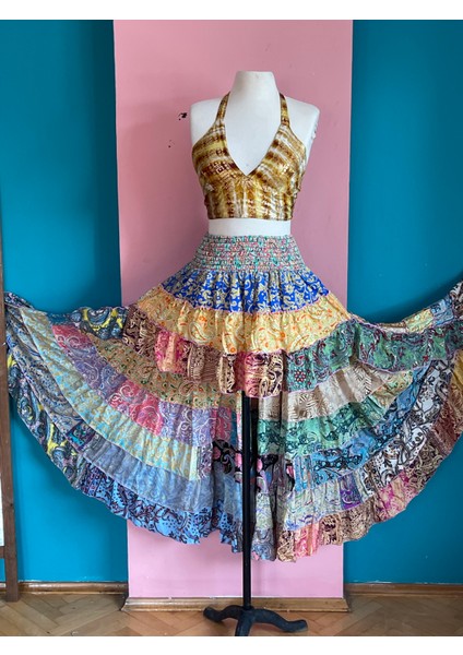 Ipek Patchwork Boho Fırfırlı Asimetrik Etek