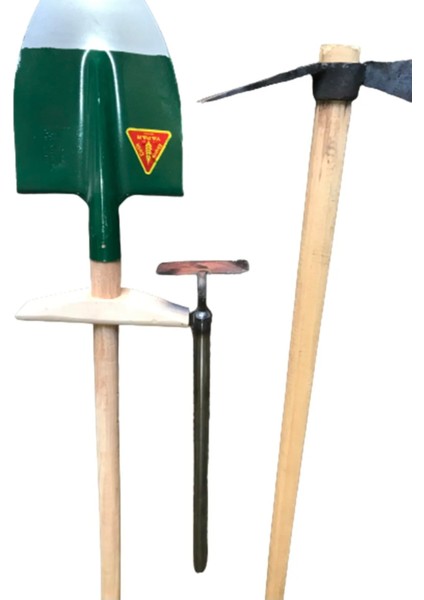3'lü Set Saplı Bahçe Kazması El Yapımı ve Saplı Bel Küreği Çelik ve Çapa