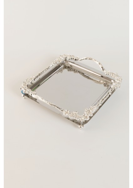 Lüks Gümüş Gül Detaylı Kare Sunum Tepsisi 21X21 cm – Ayaklı modelleri