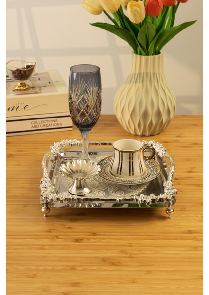 Lüks Gümüş Gül Detaylı Kare Sunum Tepsisi 21X21 cm – Ayaklı fırsatları