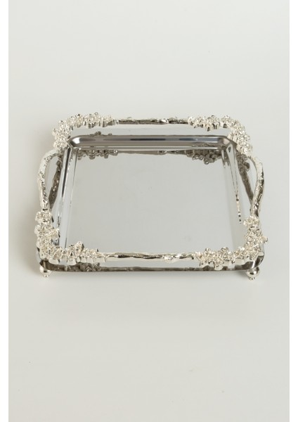 Lüks Gümüş Gül Detaylı Kare Sunum Tepsisi 21X21 cm – Ayaklı indirimleri