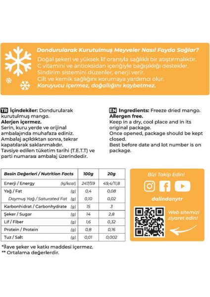 Freeze Dried Dondurularak Kurutulmuş Mango Dilimleri 20 Gram fiyatları