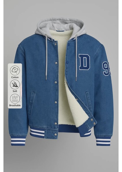 Erkek Oversize Kışlık Kalın Mavi Kot Kolej Mont