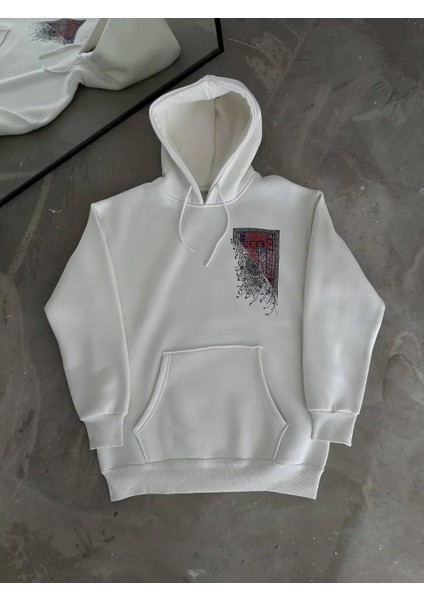 Uzun Kol Kapüşonlu Ön ve Arka Baskılı Sweatshirt - Beyaz modelleri