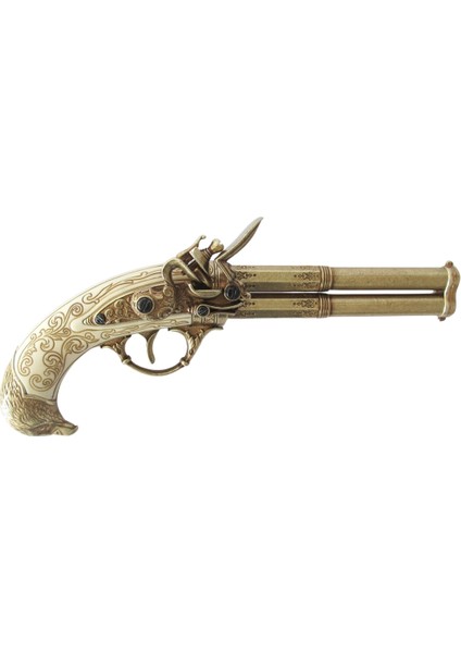 Çift Namlulu Çakmaktaşlı Rustik Metal Fildişi Koleksiyonluk Dekoratif Obje - 18. Yüzyıl Fransa