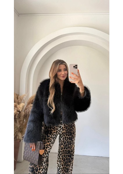 Kadın Suni Kürk Yumuşak Dokulu Crop Ceket