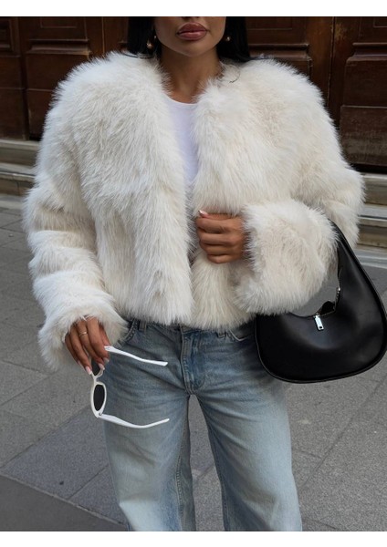 Kadın Suni Kürk Yumuşak Dokulu Crop Ceket