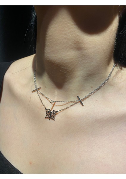 Butterfly Çift Halka Kadın Çelik Kolye