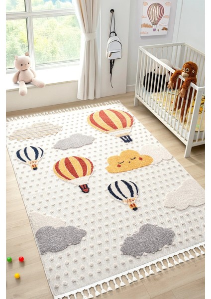 Yumuşak Bukleli Bebek Odası Çocuk Odası Genç Odası Dokuma Halı Turuncu Balonlu Bulutlu Halı 23