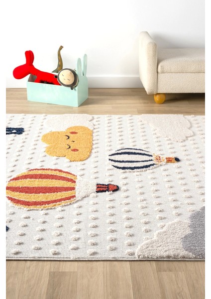 Yumuşak Bukleli Bebek Odası Çocuk Odası Genç Odası Dokuma Halı Turuncu Balonlu Bulutlu Halı 23