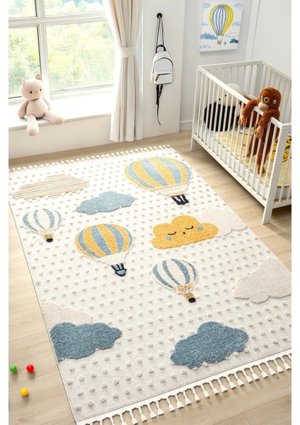 Yumuşak Bukleli Bebek Odası Çocuk Odası Genç Odası Dokuma Halı Mavi Balonlu Bulutlu Halı 22