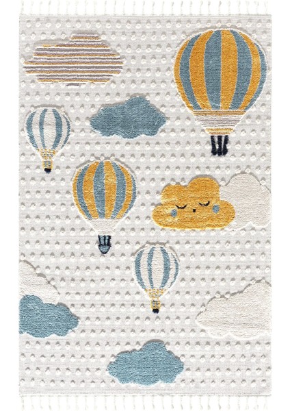 Yumuşak Bukleli Bebek Odası Çocuk Odası Genç Odası Dokuma Halı Mavi Balonlu Bulutlu Halı 22