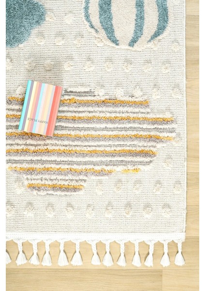 Yumuşak Bukleli Bebek Odası Çocuk Odası Genç Odası Dokuma Halı Mavi Balonlu Bulutlu Halı 22