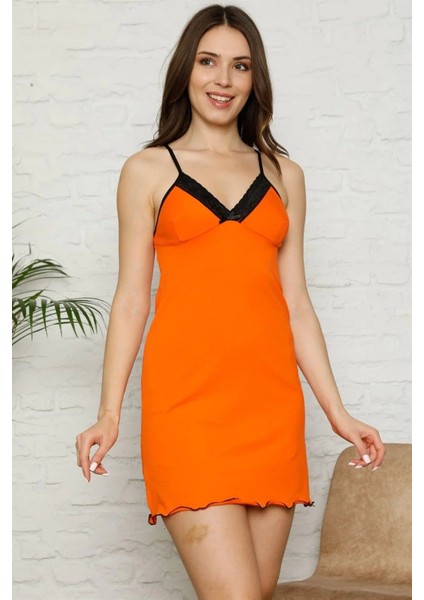 Ip Askılı Penye Gecelik Turuncu