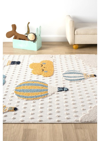 Yumuşak Bukleli Bebek Odası Çocuk Odası Genç Odası Dokuma Halı Mavi Balonlu Bulutlu Halı 22