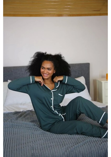 Kadın %100 Pamuk Penye Önden Düğmeli Uzun Kol Pijama Takım Yeşil